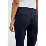 Back view of ICHI Blue Polyester Pant with elastic waistband and sleek pocket design.