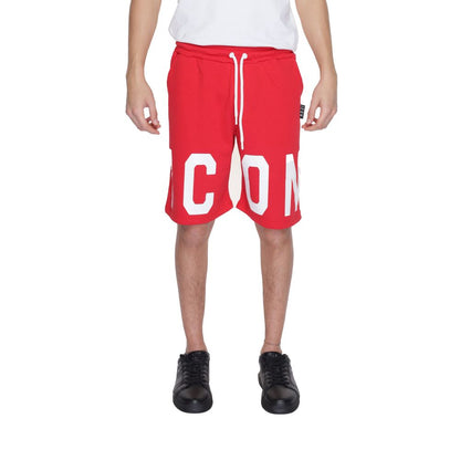 Icon Red Cotton Bermuda Shorts with bold 'ICON' print, drawstring waist, and side pockets for men.