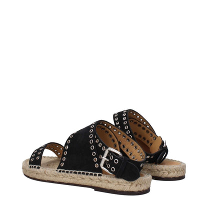Isabel Marant Black Leather Sandals with silver studs, open toe, and buckle closure. Low flat heel made of leather. MPN EP0003FAB1C02S01BK.