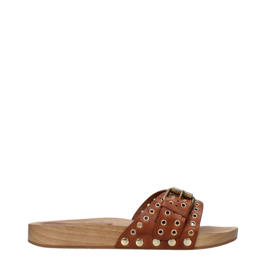 Isabel Marant Brown Leather Slippers with buckle closure, open toe, low flat heel, and rubber sole. Style: Casual, Color: Cognac.