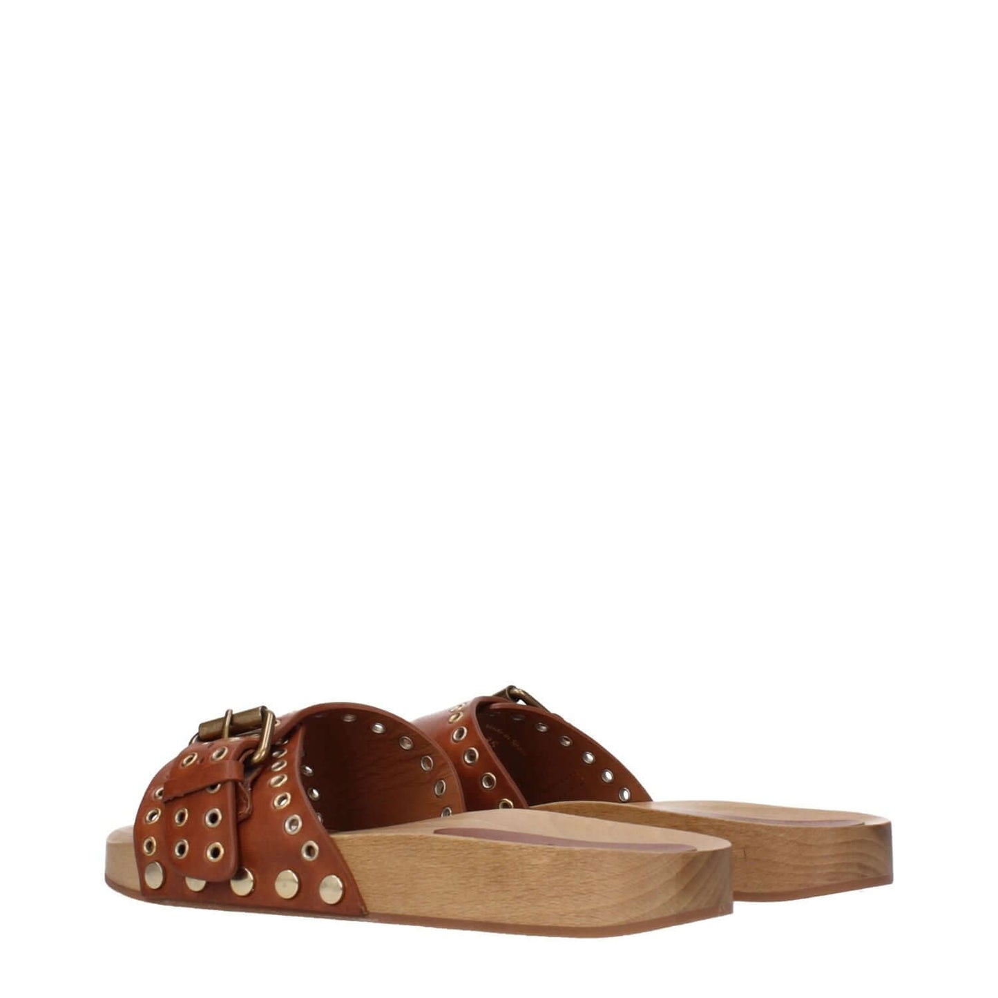 Isabel Marant Brown Leather Slippers with buckle closure, open toe, rubber sole, and flat heel. Casual style in cognac color, SKU F81108.