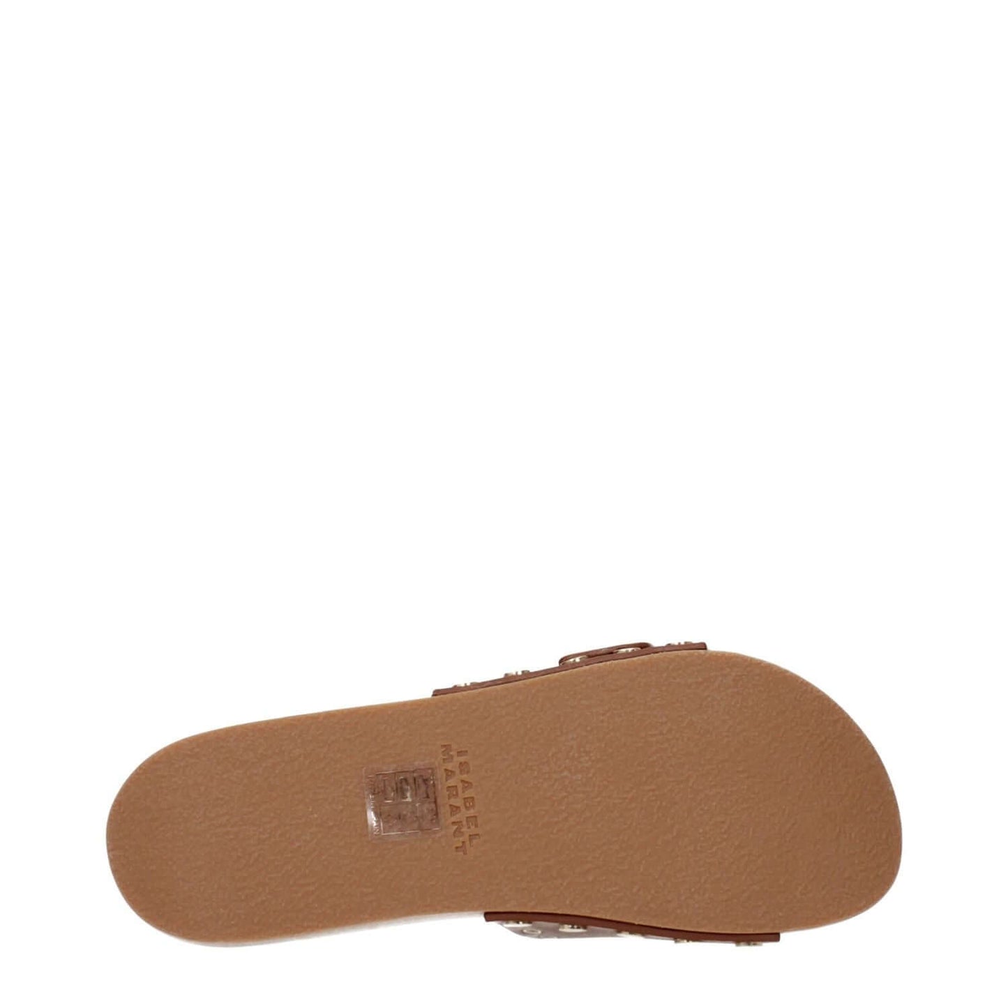 Bottom view of Isabel Marant Brown Leather Slippers featuring rubber sole, open toe, and casual buckle closure.