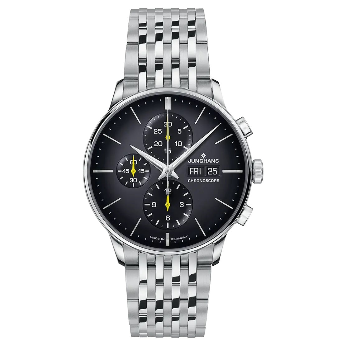 Luxury watch JUNGHANS MOD. 027_4429-47 with black dial and silver bracelet, featuring chronoscope and date display.