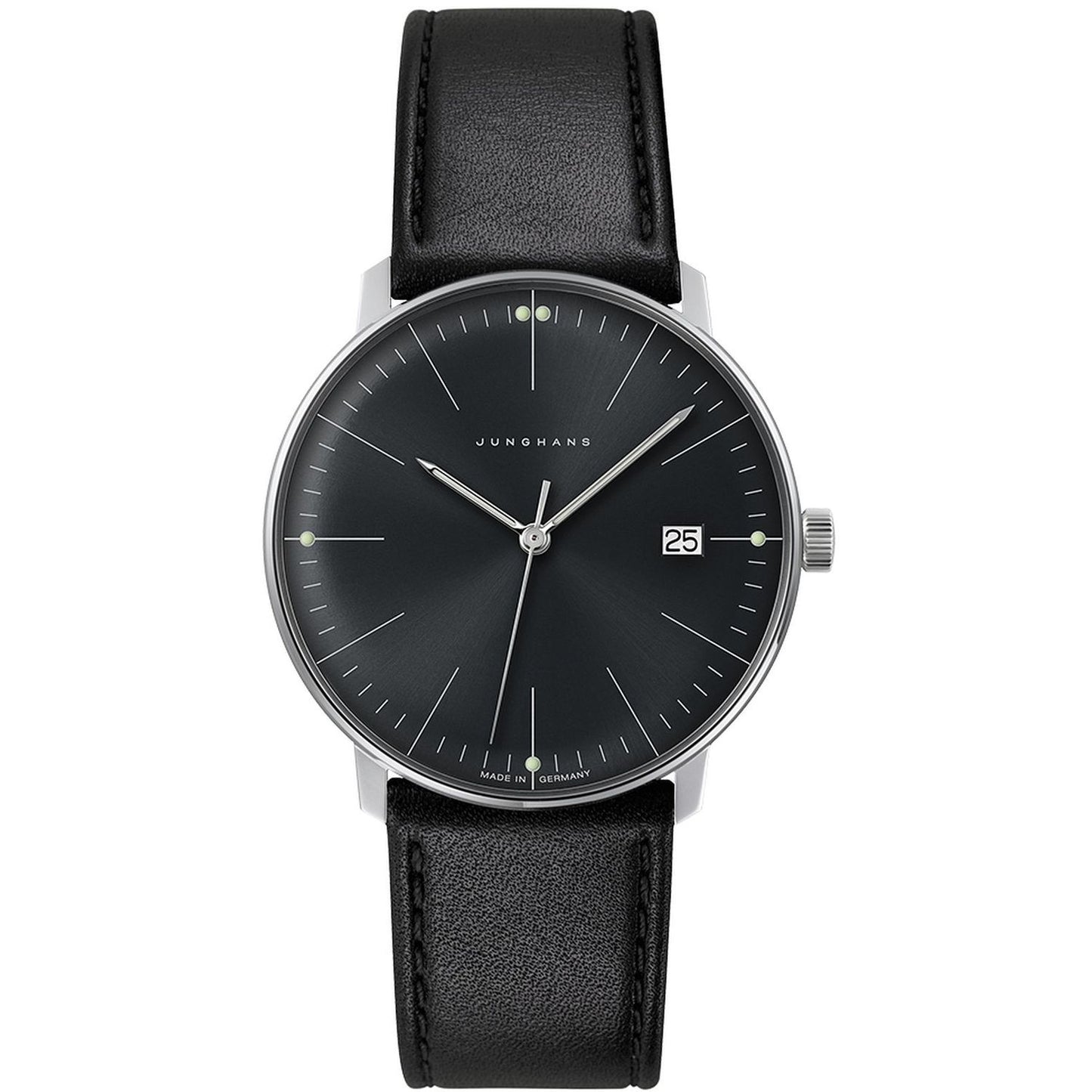 JUNGHANS MOD. 041_4465-02 watch with sleek black dial and date window, featuring minimalist Bauhaus design and black leather strap.