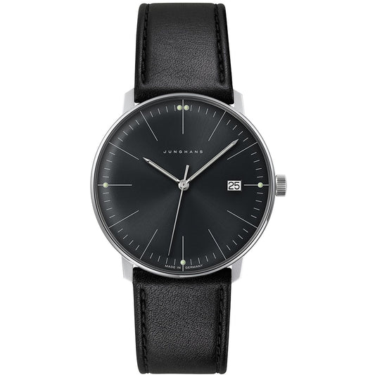 JUNGHANS MOD. 041_4465-02 watch with sleek black dial and date window, featuring minimalist Bauhaus design and black leather strap.