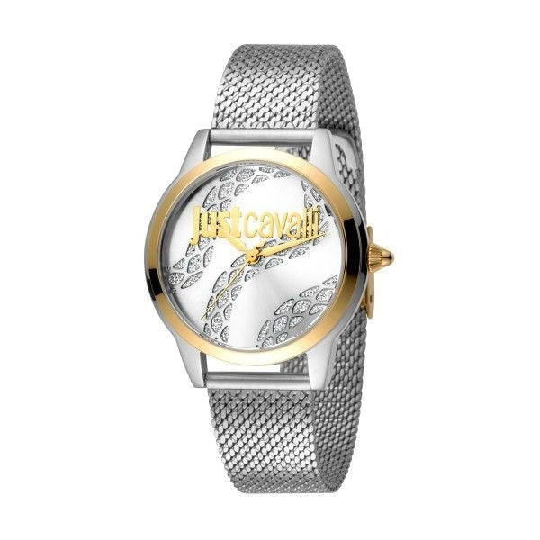 JUST CAVALLI TIME WATCHES Mod. JC1L050M0285 stylish silver and gold watch with mesh strap and decorative watch face.