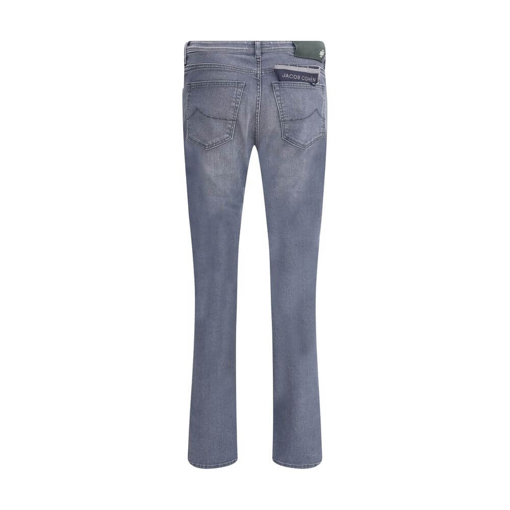 Jacob Cohen Gray Cotton Slim Fit Jeans with five pockets and belt loops, back view.