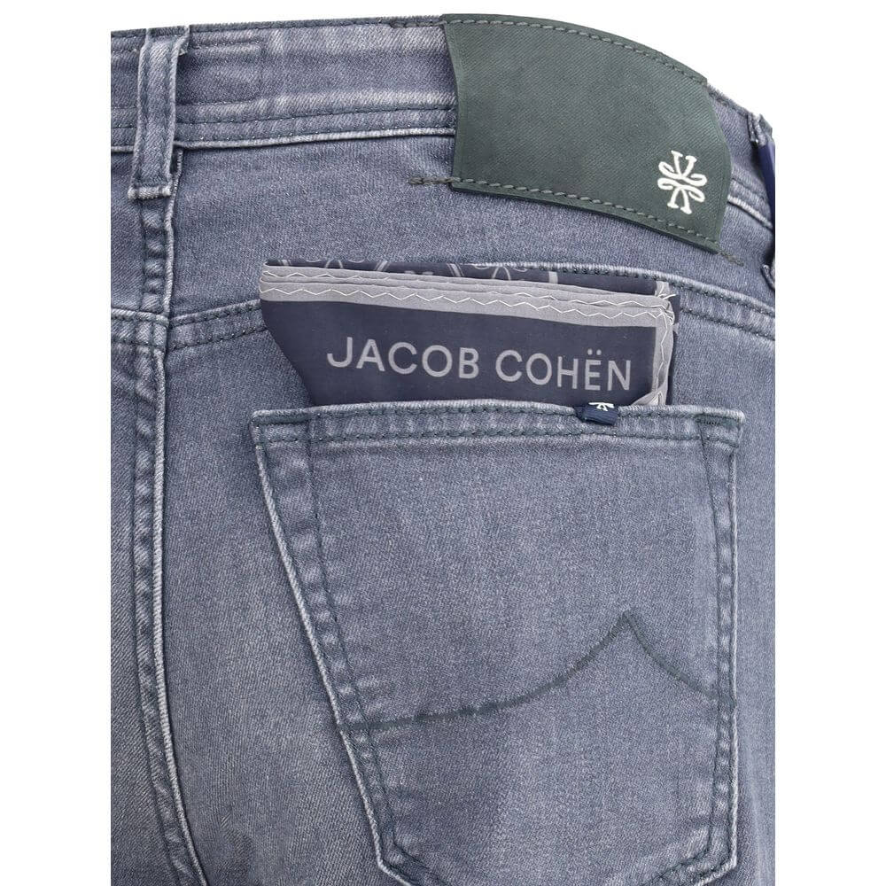 Close-up of Jacob Cohen Gray Cotton Slim Fit Jeans back pocket detail with brand label, showcasing quality and style. Made in Italy.