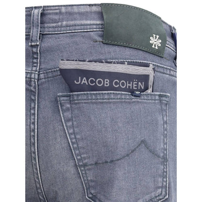 Close-up of Jacob Cohen Gray Cotton Slim Fit Jeans back pocket detail with brand label, showcasing quality and style. Made in Italy.