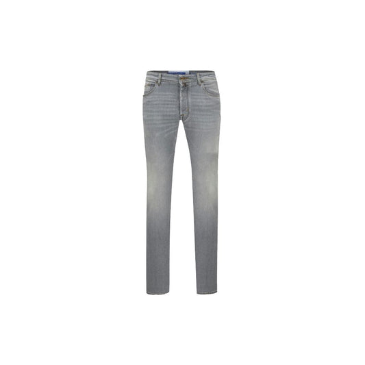 Jacob Cohen Sleek Slim Fit Grey Denim showcasing classic design with golden button and embroidered logo.
