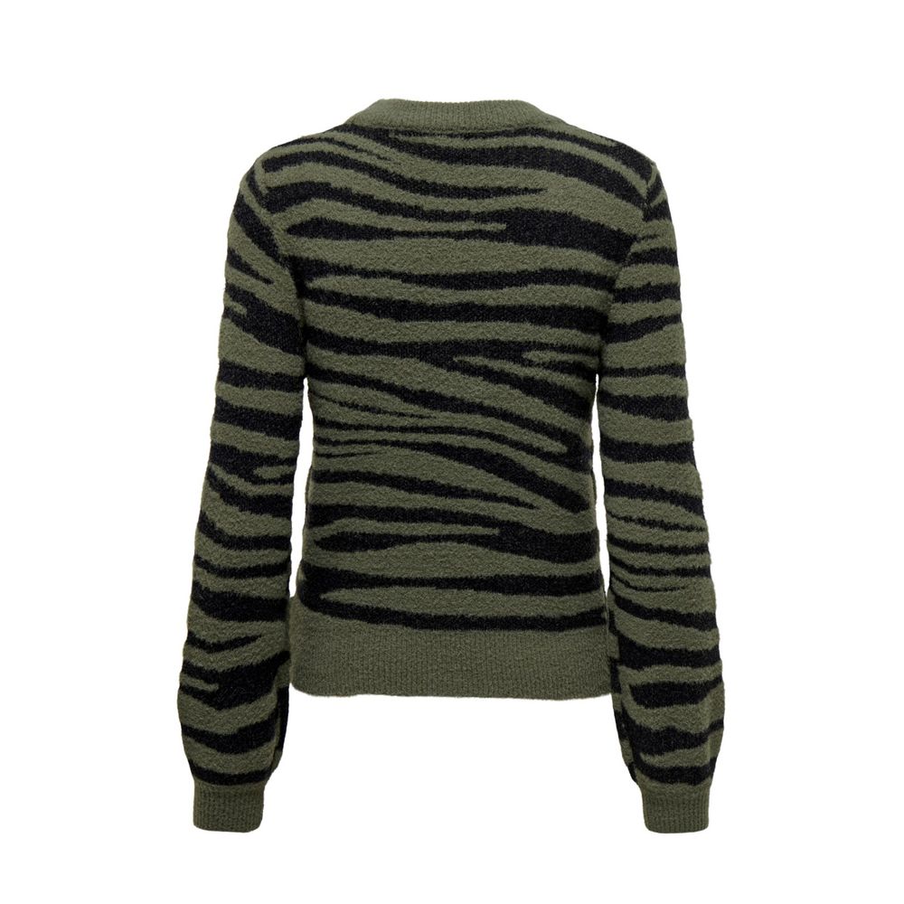 Jacqueline De Yong Green Nylon Sweater with animal print design, crew neck, perfect for autumn fashion, made from nylon, viscose, and polyester.