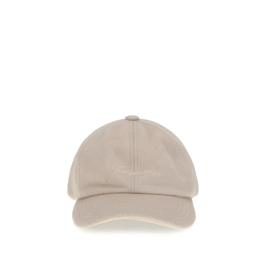 Jacquemus Beige Wool Cap (Baseball Hat) with embroidered logo, stitched brim, adjustable buckle, 100% wool for AW25 collection.