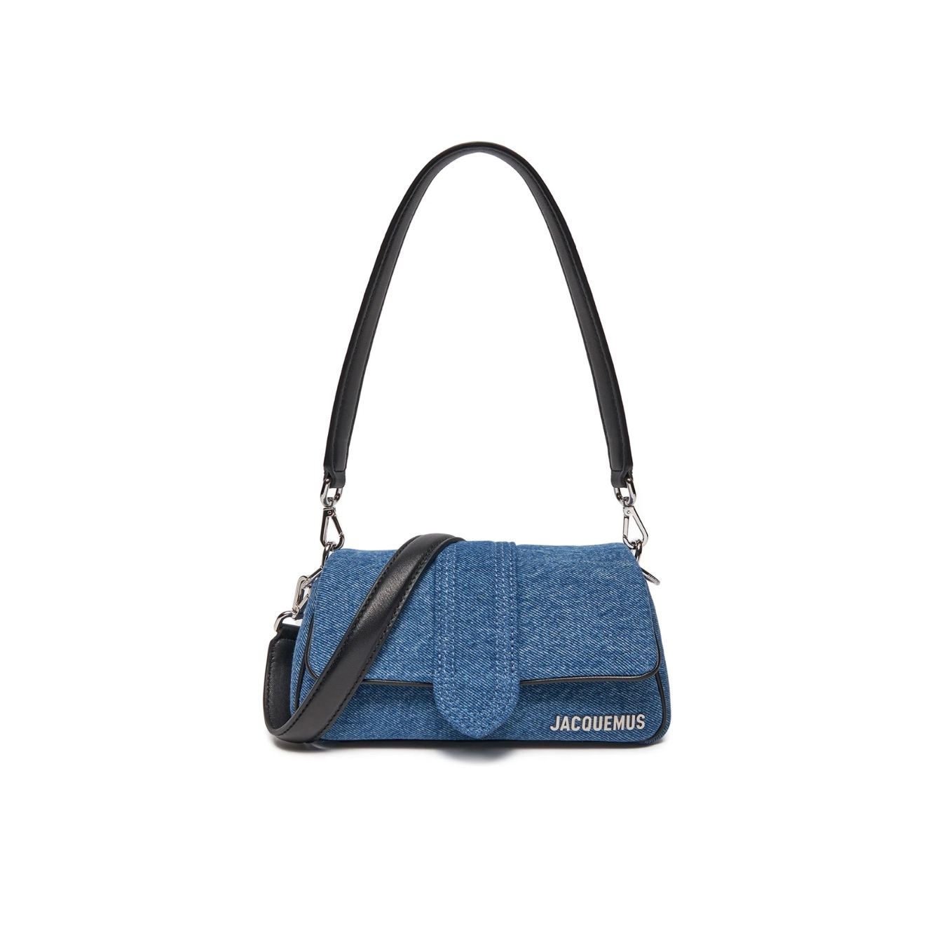 Jacquemus Denim Le Bambimou Petit Handbag with adjustable strap, silver hardware, and logo. Featuring magnetic closure and back card pocket.