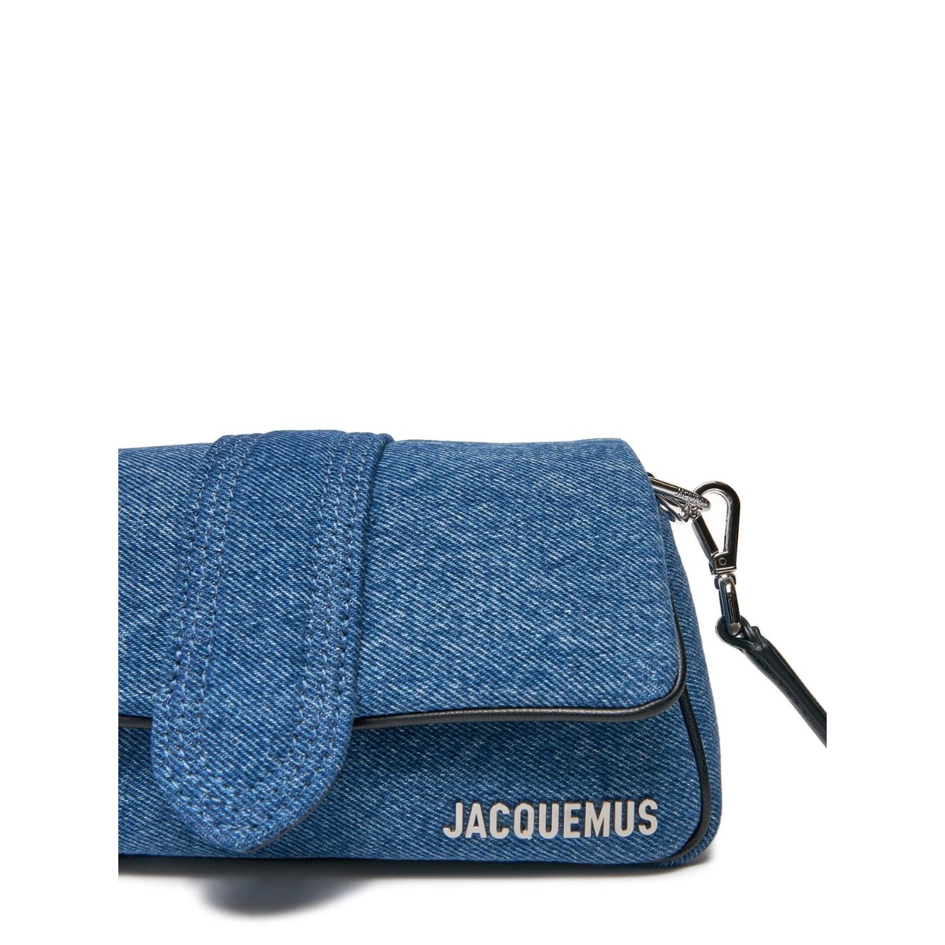 Jacquemus Denim Le Bambimou Petit Handbag with silver hardware and adjustable strap, showing logo detail on stylish denim material.