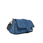 Jacquemus Denim Le Bambimou Petit Handbag with silver hardware and adjustable strap, displaying unique denim texture and compact design.