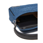 Jacquemus Denim Le Bambimou Petit Handbag with silver logo, magnetic flap, and adjustable strap, showcasing interior and denim texture.