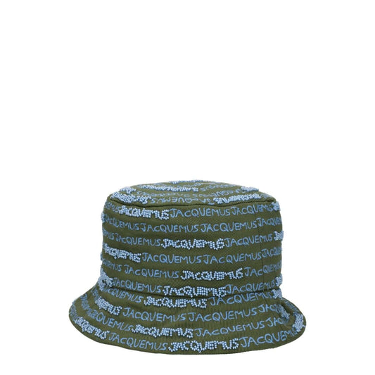 Jacquemus Green Cotton Bucket Hat with logo design and beaded embellishments in khaki.