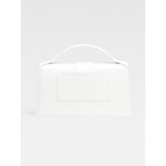 Jacquemus Le Grand Bambino White Bag with gold hardware, adjustable strap, magnetic flap closure, and leather finish, back view.