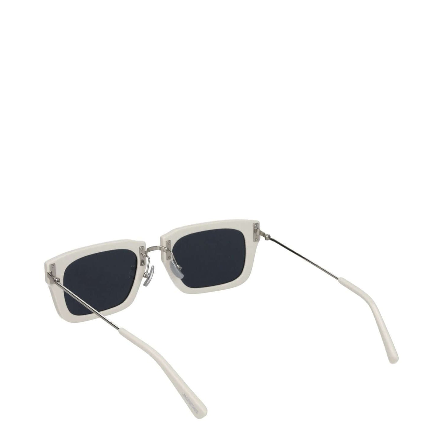 Jacquemus White Acetate Sunglasses, square style with dark lenses and silver accents, arm length 15.5 cm, protective case included.