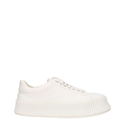 Jil Sander White Fabric Platform Sneakers with lace-up closure and rubber wedge sole, round toe design.