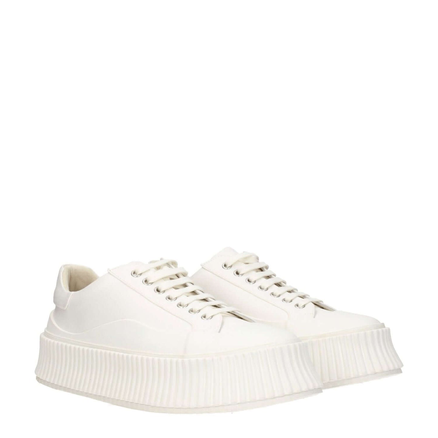 Jil Sander White Fabric Platform Sneakers with lace-up closure, rubber sole, and 5 cm wedge. Casual style, round toe design.