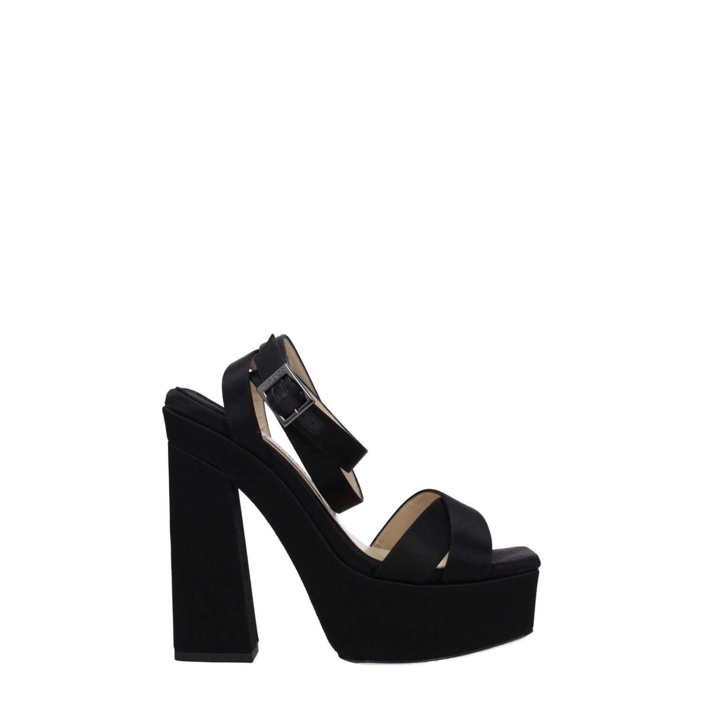 Jimmy Choo Black Satin Platform Sandals with high heel, open toe, buckle closure, and leather sole, designed for casual style.