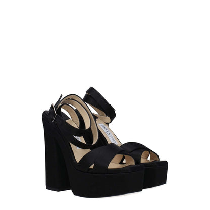 Jimmy Choo Black Satin Platform Sandals with high heel, open toe, and buckle closure, made of satin and leather sole. MPN: GAIA140SATBLACK.