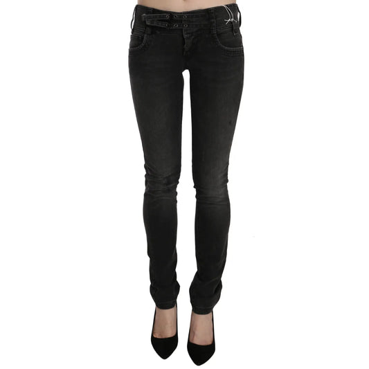 John Galliano Black Washed Low Waist Slim Fit Skinny Denim Pants Jeans with zipper closure and logo details, made in Italy.