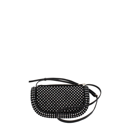 Jw Anderson Black Leather Crossbody Bags with rhinestones and side logo, small casual style with suede finish and gold details.