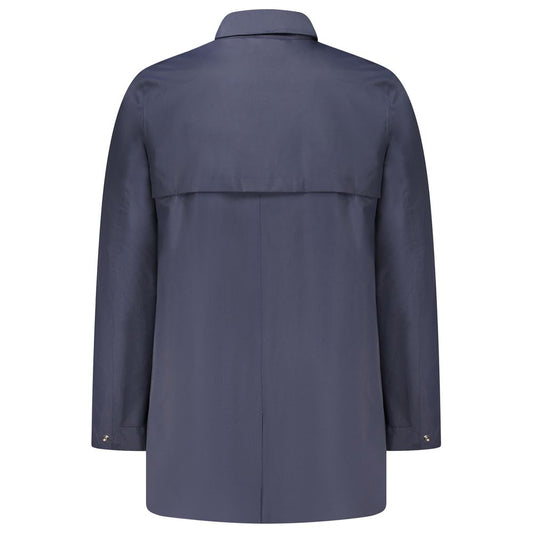 K-WAY Blue Polyamide Men Jacket, long sleeve trench coat, rear view, essential outerwear, featuring automatic zip and pockets.