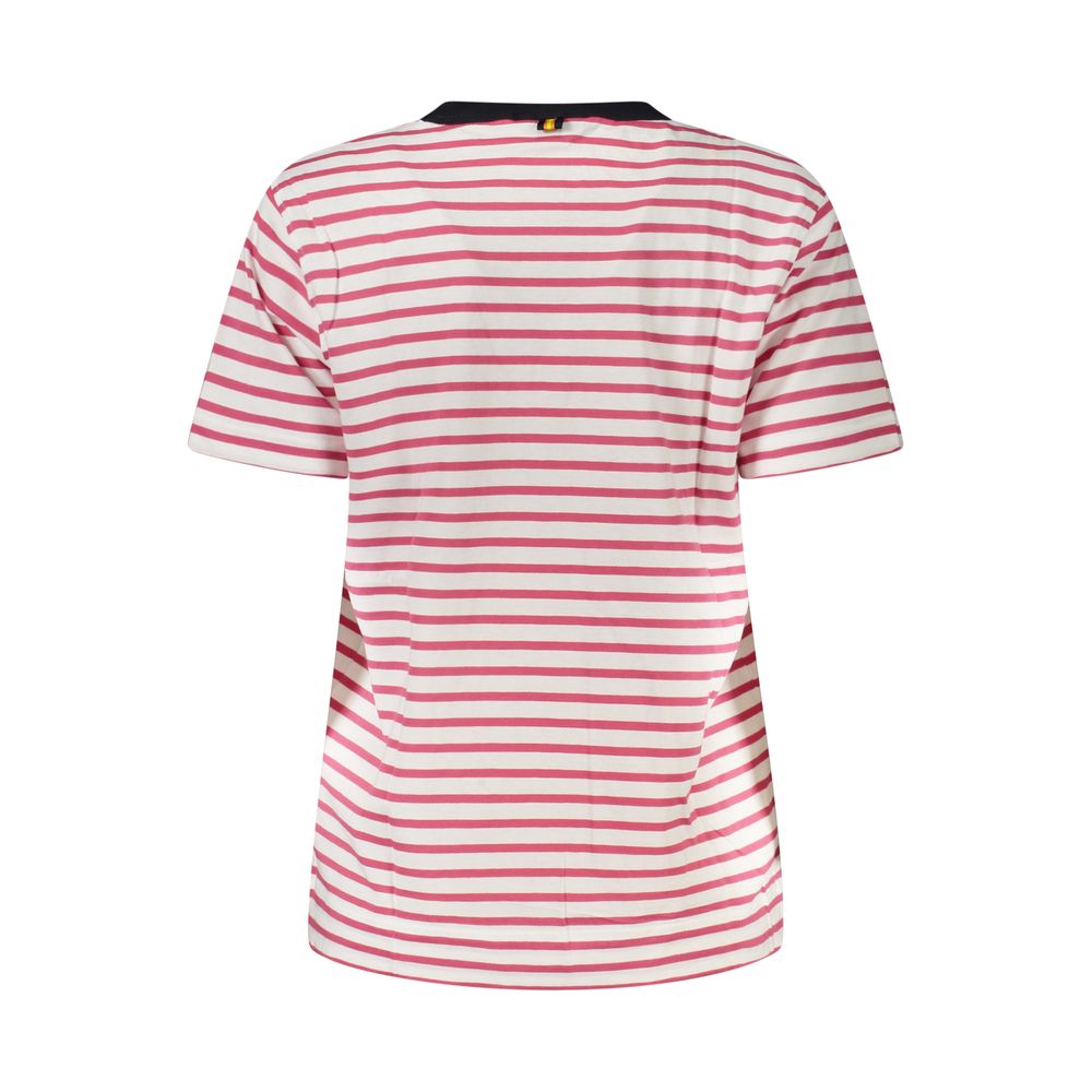 Back view of the K-WAY Pink Cotton Women T-Shirt featuring pink stripes and crew neck, showcasing casual and bold fashion.
