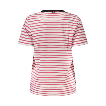 Back view of the K-WAY Pink Cotton Women T-Shirt featuring pink stripes and crew neck, showcasing casual and bold fashion.