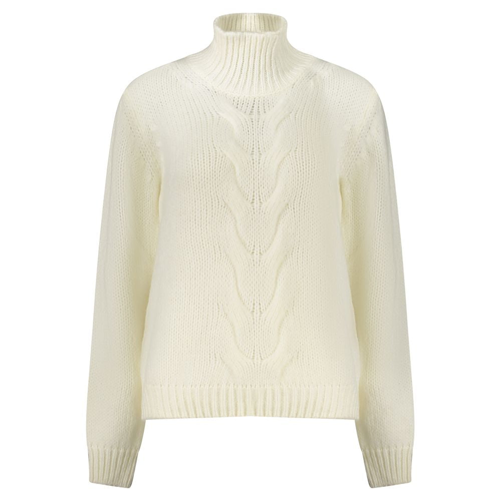 K-WAY White Wool Sweater with high neck and contrast details, featuring long sleeves and logo.
