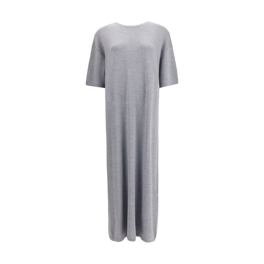 Khaite Gray Wool Casual Dress with crew neck and wide sleeves, flared silhouette, made from medium-weight merino wool for AW25 season.