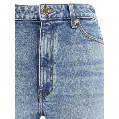 Close-up of Khaite Light Blue Cotton High-Waisted Jean with five-pocket detail and button closure.