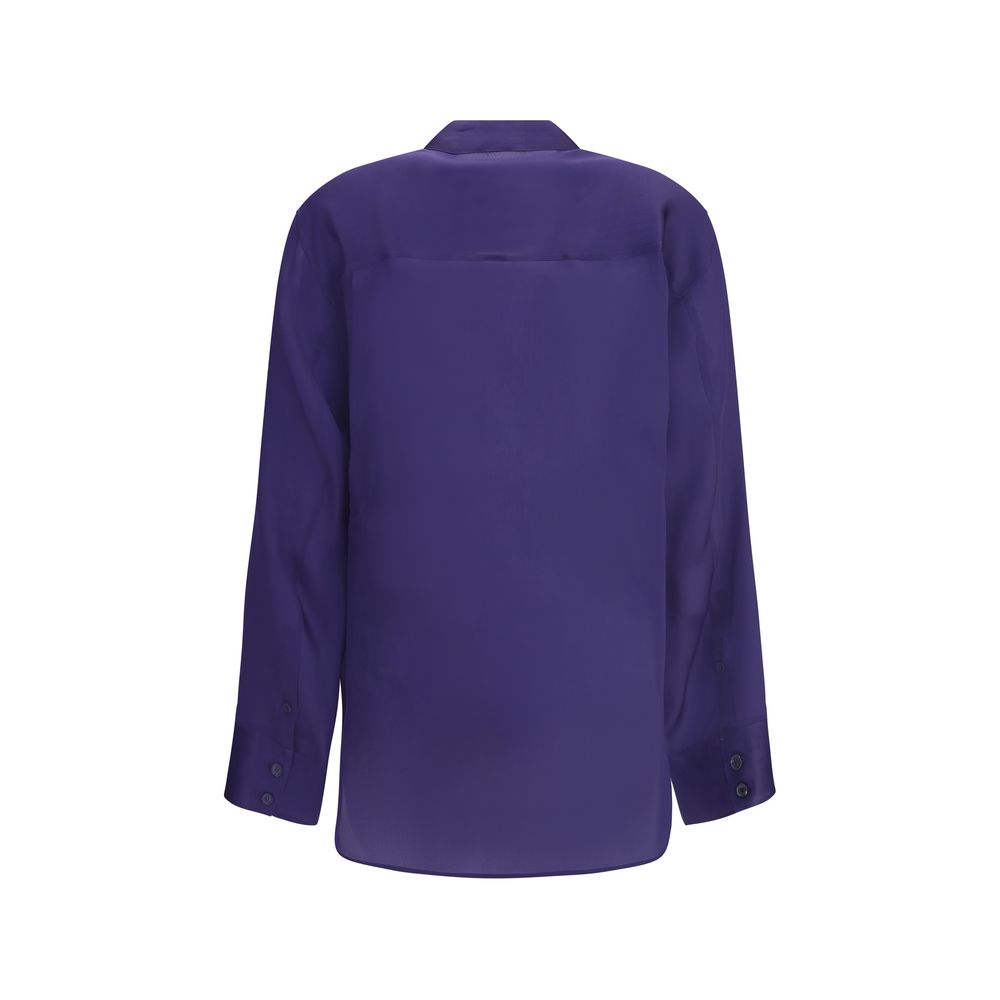 Back view of Khaite Semi-sheer Herschel Top in purple, featuring a classic collar and long sleeves, SS25 collection.