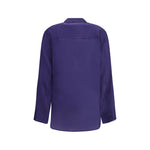 Back view of Khaite Semi-sheer Herschel Top in purple, featuring a classic collar and long sleeves, SS25 collection.