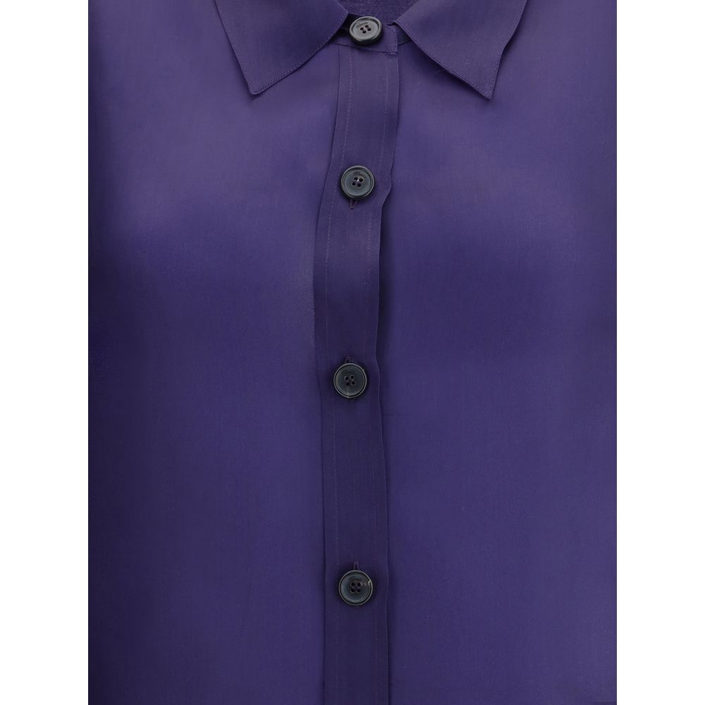 Khaite Semi-sheer Herschel Top with button closure & classic collar in deep purple