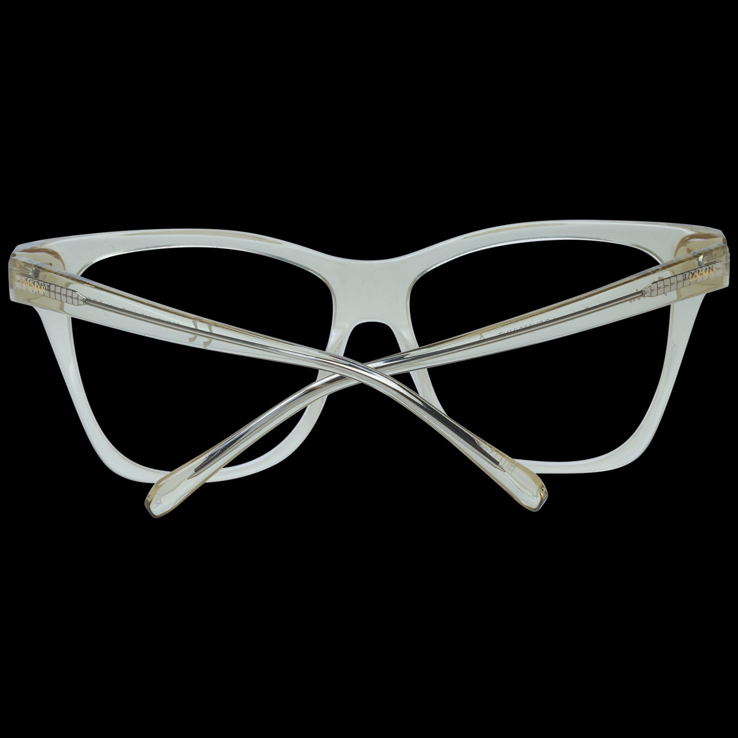 Rear view of stylish white eyeglass frames on a black background, showcasing unique design and craftsmanship.