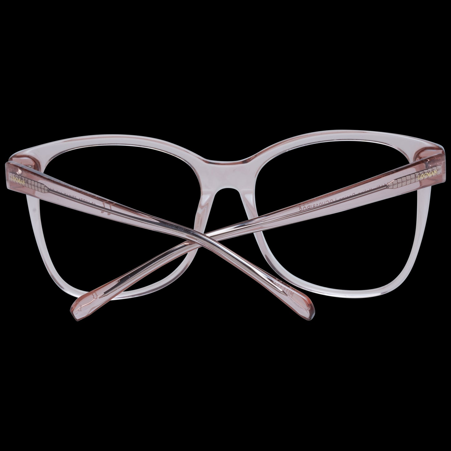 Stylish clear pink eyeglass frames with a unique design, suitable for a modern fashion look.