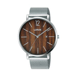 LORUS Mod. DRESS wristwatch with wood dial, stainless steel mesh strap, 42mm case, quartz movement. Water resistant 3 ATM.