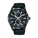LORUS WATCHES Mod. R3A43AX9, quartz wristwatch with a 40mm black case, silicone strap, and mineral dial, water-resistant to 10 ATM.