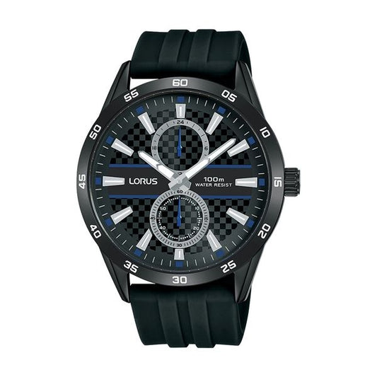 LORUS WATCHES Mod. R3A43AX9, quartz wristwatch with a 40mm black case, silicone strap, and mineral dial, water-resistant to 10 ATM.