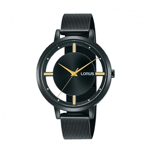 LORUS WATCHES Mod. RG205QX9 displaying a sleek black and gold design with mesh band, ideal for modern style enthusiasts.