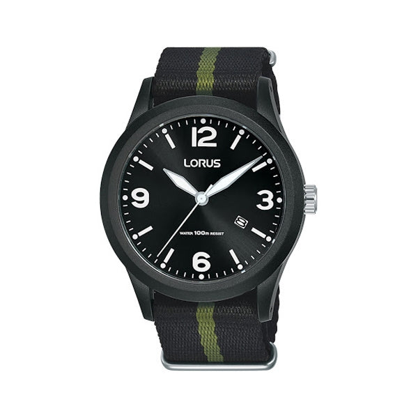 LORUS WATCHES Mod. RH943LX9 gent's quartz wristwatch with black dial, plastic case and strap, 10 ATM water resistant, in official box.
