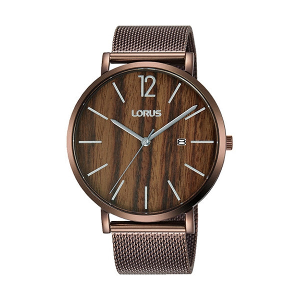 LORUS WATCHES Mod. RH993MX9, gent's wristwatch with 42mm bronze SS case, mesh strap, quartz movement, and mineral legno dial in official box.