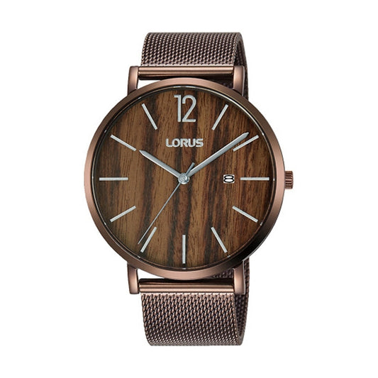 LORUS WATCHES Mod. RH993MX9, gent's wristwatch with 42mm bronze SS case, mesh strap, quartz movement, and mineral legno dial in official box.