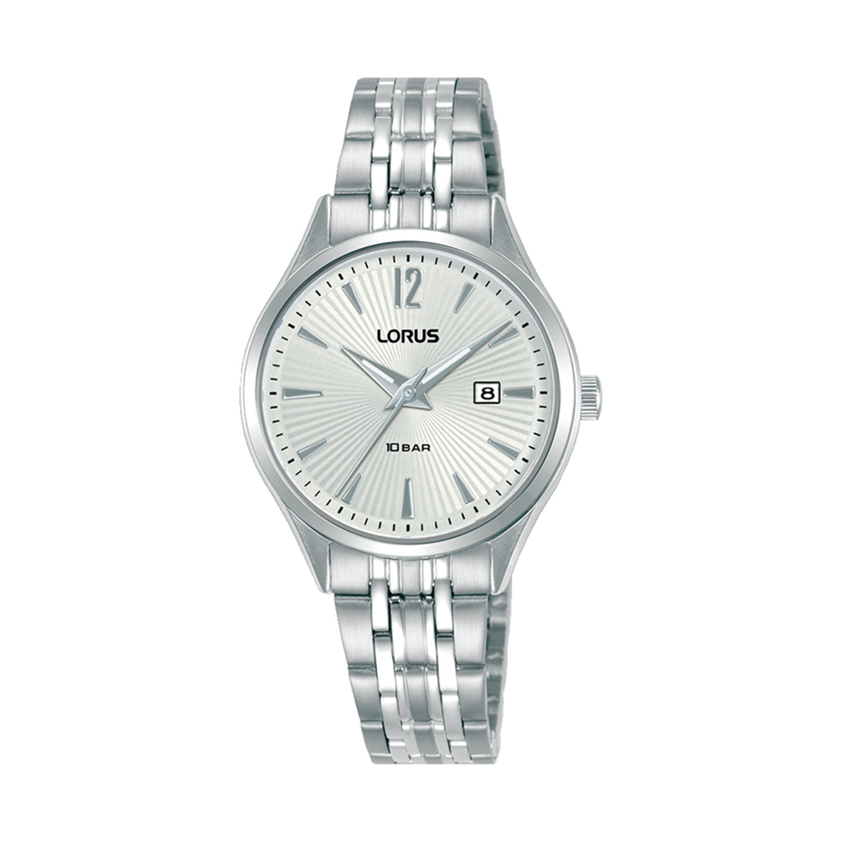 LORUS WATCHES Mod. RJ201CX9 silver stainless steel bracelet with a date display on a textured dial.