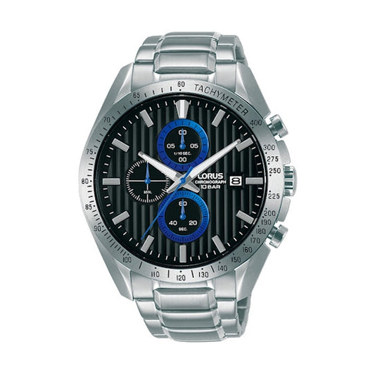 LORUS WATCHES Mod. RM305HX9 gents wristwatch with stainless steel case and strap, featuring chronograph and tachymeter functions.