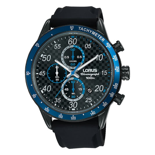 LORUS WATCHES Mod. RM337EX9, Gent's chronograph wristwatch with black leather strap, 45 mm SS IP case, water resistant to 10 ATM.